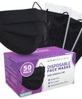 Ultra Thick 4-Ply Black Disposable Face Masks, 50 Individually Wrapped, shown with packaging and some masks exposed