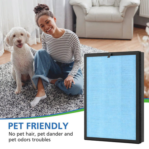 Woman with dog sitting by a Two Pack AP1002 Replacement Filters AP1002 RF Compatible With AP1002 Air Purifier H13 True HEPA Filter Set