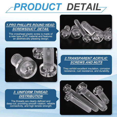 Clear Acrylic Screws M6 x 12mm Round Head Phillips Bolts detail and features