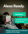 Person reading in bed, Alexa ready message for Smart Deadbolt Go And WiFi Bridge Bundle With Fingerprint Access remote unlock.