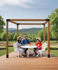 Family sitting under wood pergola with 3-Way Right Angle Pergola Brackets Kit for 4x4 Posts on wooden deck, outdoor setting.