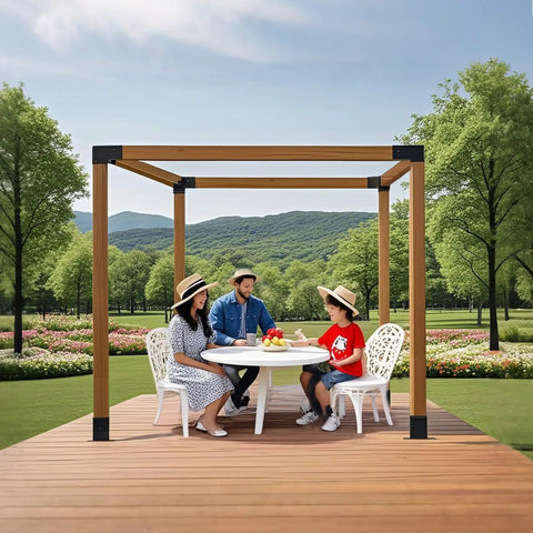 Family sitting under wood pergola with 3-Way Right Angle Pergola Brackets Kit for 4x4 Posts on wooden deck, outdoor setting.