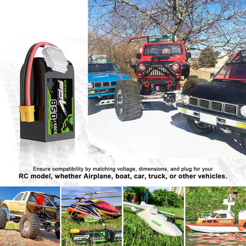 14.8V 150C 850mAh 4S LiPo Battery With XT30 Plug shown with RC cars, boats, and drones for versatile high-drain power use
