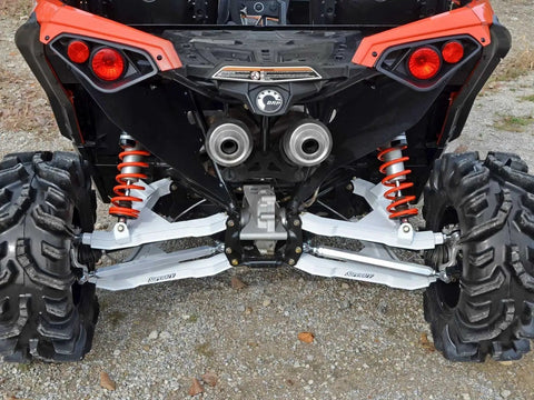 Heavy Duty Aluminum Rear Radius Arms For Can Am Maverick DPS X MR X RS Max 2013 And Up Hex Design For Strength To Weight Ratio Polished Finish Easy Fitment Upgrade For Rugged Off Road Adventures installed on rear suspension