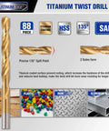 Front view of PLATINUMEDGE titanium-coated twist drill bit with 88-piece set label