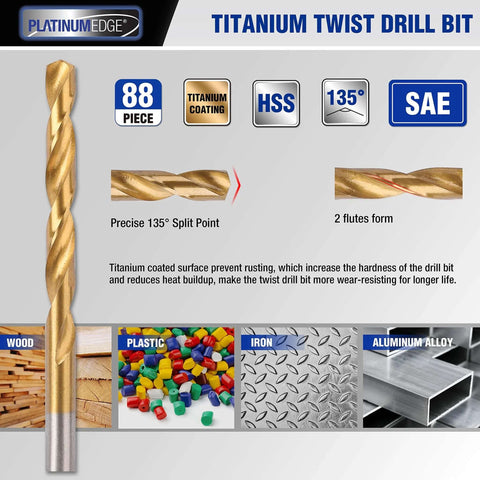 Front view of PLATINUMEDGE titanium-coated twist drill bit with 88-piece set label
