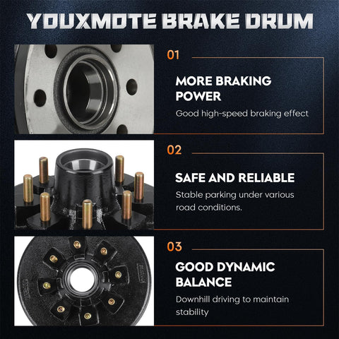 Youxmoto trailer brake drum kit: front view of 12x2 in drum with 8 holes on 6.5 in bolt circle; hub and studs shown