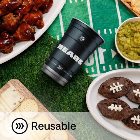 Rep Your Team With Officially Licensed Nfl Chicago Bears Aluminum Party Cups 20 Ounce Pack Of 20 Reusable Drink Vessels For Game Day Tailgating And Ice Cold Sips on a table with food.