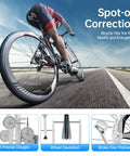 Cyclist on road; inset images of Beast Wheel Truing Stand for 10 to 29 Inch Bike Wheels With 3 Precision Gauges details shown.