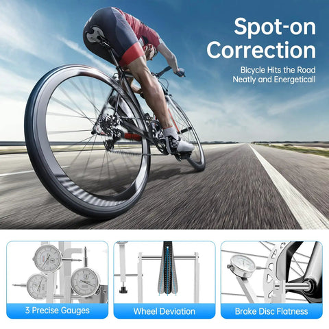 Pro Grade Wheel Truing Stand For Bicycle Rim Alignment And Wheel Repair Kit For MTB Road Bikes And BMX, cyclist on road