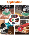18 Piece 4 Inch Buffering Wheels Polishing Kit for Angle Grinder application on metal and wood surfaces with sanding and polishing tools.