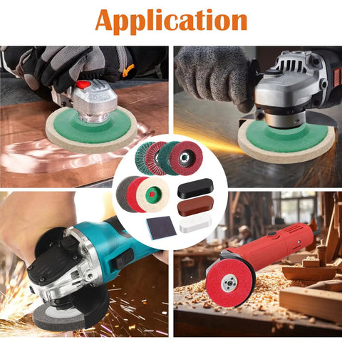 18 Piece 4 Inch Buffering Wheels Polishing Kit for Angle Grinder application on metal and wood surfaces with sanding and polishing tools.