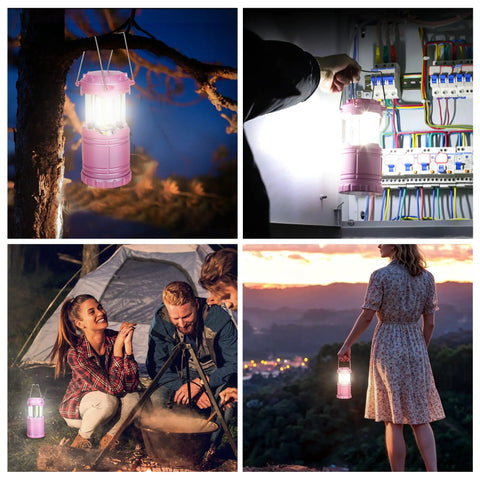 Pink LED Camping Lanterns With Portable Handle illuminating camp, hiking, and power outage scenes.