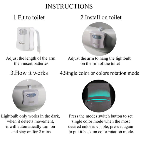 Toilet Night Light Motion Activated LED Glow in 16 Color Changing Options 2 Pack Flexible Neck installation instructions