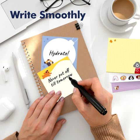 Person writing on 18 Pack Dog Themed Sticky Notes With Lines, 35 Sheets Each, on desk with notebook and coffee.
