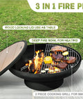 32 Inch Fire Pit Table With Lid, heavy duty deep fire bowl grilling steak and veggies, outdoor wood burning patio bonfire setup.