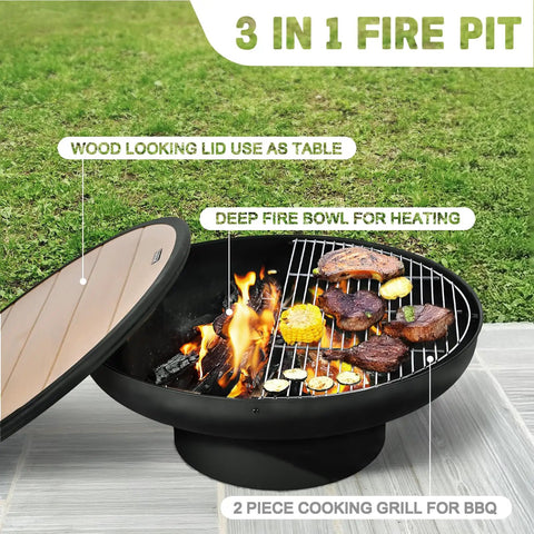 32 Inch Fire Pit Table With Lid, heavy duty deep fire bowl grilling steak and veggies, outdoor wood burning patio bonfire setup.