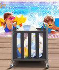 Ball Storage Bin Rolling Sports Cart With Durable Metal Frame by poolside, holding inflatables and toys, quiet wheels visible.