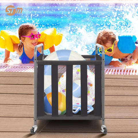 Ball Storage Bin Rolling Sports Cart With Durable Metal Frame by poolside, holding inflatables and toys, quiet wheels visible.