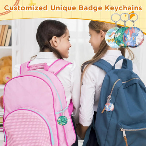 Two girls with backpacks showcasing Epic 58mm Button Maker Kit for Keychains with custom badge keychains attached.