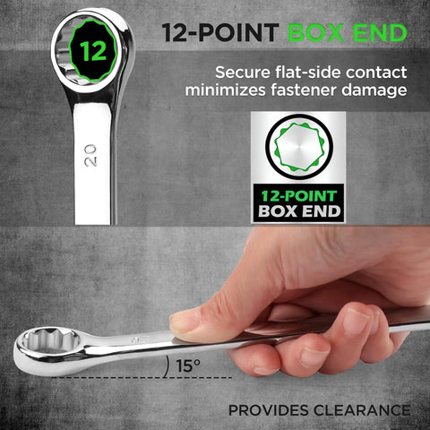 15-Piece Metric Combination Wrench Set With 12-Point Max Torque Open End CR-V Steel 8 To 22Mm Includes Storage Rack Built Tough For Auto Bike And Industrial Use, 20mm 12-point box end