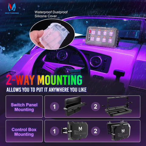 RGB 5 Inch 8 Gang Car Switch Panel with cover, shown mounted on dashboard, waterproof silicone cover displayed separately.
