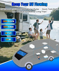Outdoor scene with a family beside a caravan using a 12V RV fresh water pump with 7 GPM at 70 PSI, diagram of the pump system displayed.