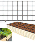 Effortless Garden Irrigation Grid System For Beds That Water Every Plant In Minutes Preassembled And Ready To Use With A Standard Garden Hose USA Made And Built To Last 5 To 10 Times Longer Than Drip In A 44 By 88 Inch Standard Layout showing a black grid on raised bed with plants.