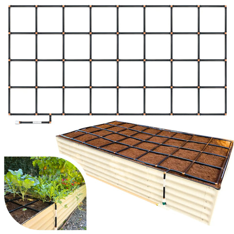 Effortless Garden Irrigation Grid System For Beds That Water Every Plant In Minutes Preassembled And Ready To Use With A Standard Garden Hose USA Made And Built To Last 5 To 10 Times Longer Than Drip In A 44 By 88 Inch Standard Layout showing a black grid on raised bed with plants.