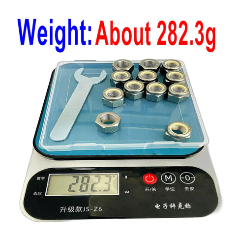 Beefed Up 1/2-20 Stainless Nylon Insert Lock Nuts 304 Stainless Steel Inch Thread 12 Pack on scale showing 282.3g