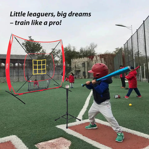 Young player using 7 By 7 Foot Baseball And Softball Practice Net With Stable Bow Frame And Heavy Duty Mesh Strike Zone Target Ultra Portable Pitching Net For All Ages And Skill Levels on field.