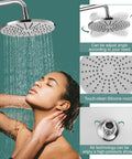 Exposed Chrome Shower System With 8 Inch Rainfall Shower Head streaming water, close-up of nozzles and woman under shower