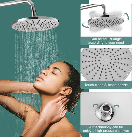 Exposed Chrome Shower System With 8 Inch Rainfall Shower Head streaming water, close-up of nozzles and woman under shower
