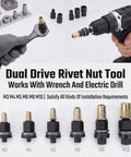 Six Piece Electric Drill Rivet Nut Mandrel Adapter Kit With Manual Hex Shaft For Bolt Insertion In Auto Work, Building, Furniture Fixing And Aviation Jobs. M3-M10 sizes shown