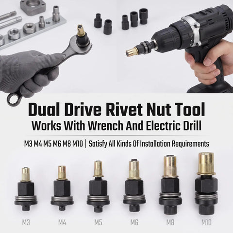 Six Piece Electric Drill Rivet Nut Mandrel Adapter Kit With Manual Hex Shaft For Bolt Insertion In Auto Work, Building, Furniture Fixing And Aviation Jobs. M3-M10 sizes shown