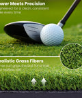 Close-up of a golf club and ball on Big League Golf Hitting Mat 5x4ft Or 6x4ft For Indoor Or Outdoor Practice Thick 26mm High Elasticity Artificial Turf Mat