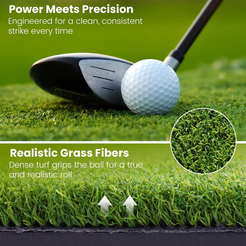 Close-up of a golf club and ball on Big League Golf Hitting Mat 5x4ft Or 6x4ft For Indoor Or Outdoor Practice Thick 26mm High Elasticity Artificial Turf Mat