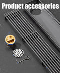 Built Different Linear Shower Drain Crafted From Heavy Duty 304 Stainless Steel With A Slick Rectangular Grate and accessories.