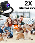 4K 60fps USB C HDMI Camera For Computers And Laser Engravers, family with dog demonstrating 2x digital zoom on screen