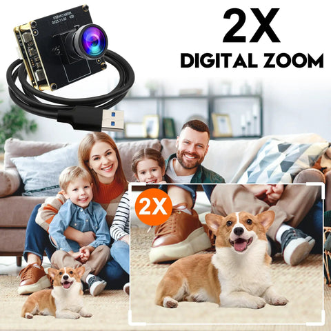 4K 60fps USB C HDMI Camera For Computers And Laser Engravers, family with dog demonstrating 2x digital zoom on screen