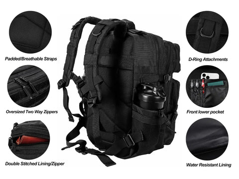 Rugged 45L Tactical Backpack for Men and Women With MOLLE System Assault Pack featuring detailed compartments and straps.