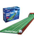 9 Foot 6 Inch Putting Mat With Automatic Ball Return for Indoor Use Two Hole Putting Green with alignment guides, box visible