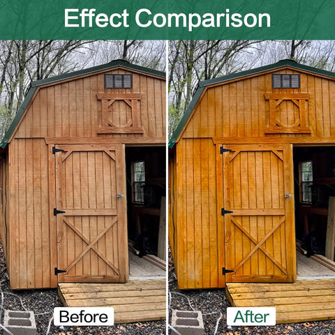 Effect comparison showing a wooden shed treated and untreated with Hella Pure Tung Oil In A Massive 135 Oz Jug for natural wood finish.