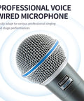BT 58A Wired Dynamic Vocal Microphone For Singing, close-up showing supercardioid design with metal mesh grille for live performances.