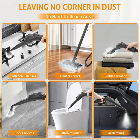 Heavy Duty Handheld Steam Cleaner For Spotless Home Cleaning Powers Through Stubborn Kitchen Grease Tile Scuffs And Carpet Stains Gets The Job Done Without Breaking A Sweat using for kitchen utensils, floor, and bathroom.