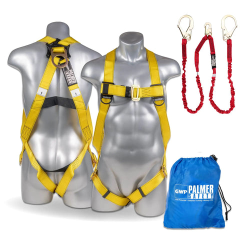 ATERET Safety Harness Kit with detachable 6 ft double leg lanyard, shock absorber, blue bag, displayed on mannequins