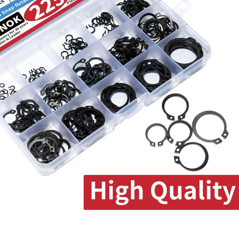 Heavy Duty Snap Ring Kit With 225 Quality Circlips Covering M3 To M25 Sizes Built From Tough Black Alloy Steel organized in a storage case.
