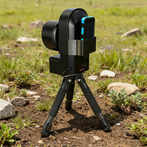 Power Supply Holder For Seestar S50 Cord Tangle Free Portable Grab N Go Mount on tripod for outdoor astronomy.