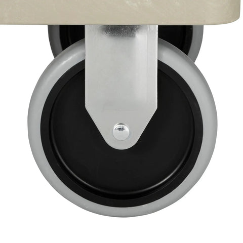 Close-up of the locking caster of Heavy Duty Two Shelf Utility Cart With Lipped Shelves And Ergonomic Handle, 500 Lb Capacity, Beige