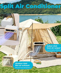 Super Chill ALsup Split Personal Unit With Handle And Quiet Cooling Power. Delivers 5000 Btu Performance For Rv Van Camper Buildouts. Tent setup with indoor and outdoor portable AC units.